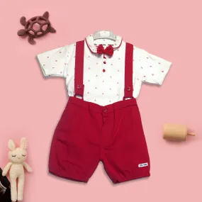 Printed White Shirt with Red Dungaree & Bow Set