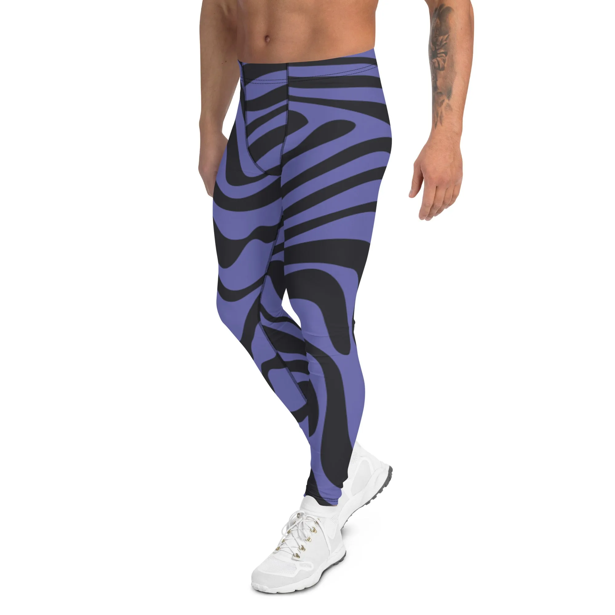 Purple Black Animal Striped Meggings, Best Men's Leggings Designer Running Tights- Made in USA/EU/MX