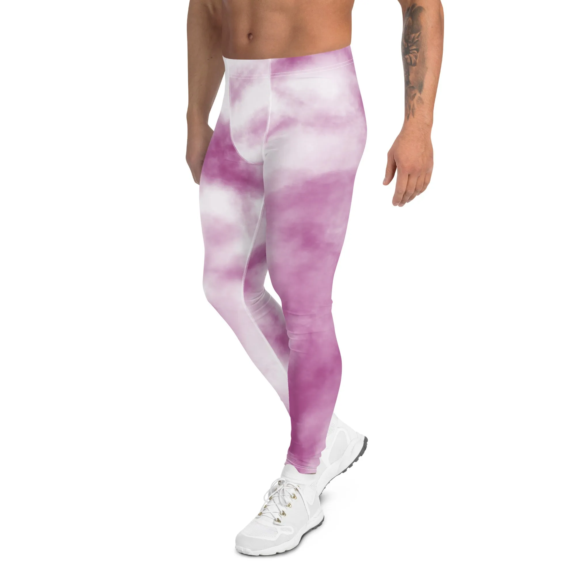 Purple White Tie Dye Meggings, Best Men's Leggings Designer Running Tights- Made in USA/EU/MX