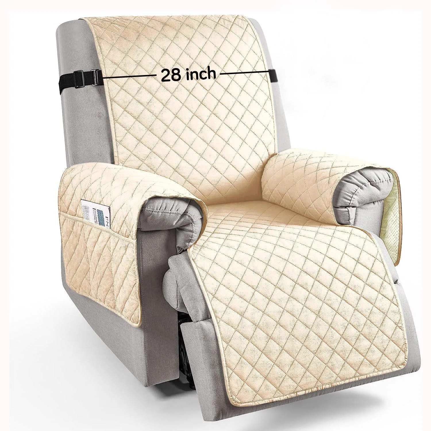 Quilted Recliner Chair Cover With Side Pockets for 1 Seater Sofa, Cream