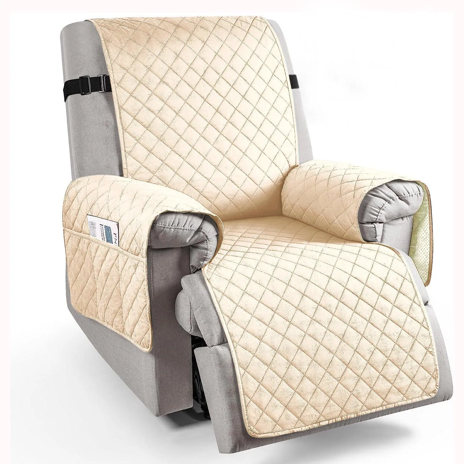 Quilted Recliner Chair Cover With Side Pockets for 1 Seater Sofa, Cream