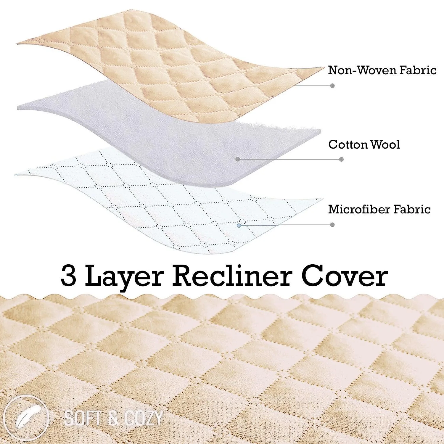 Quilted Recliner Chair Cover With Side Pockets for 1 Seater Sofa, Cream