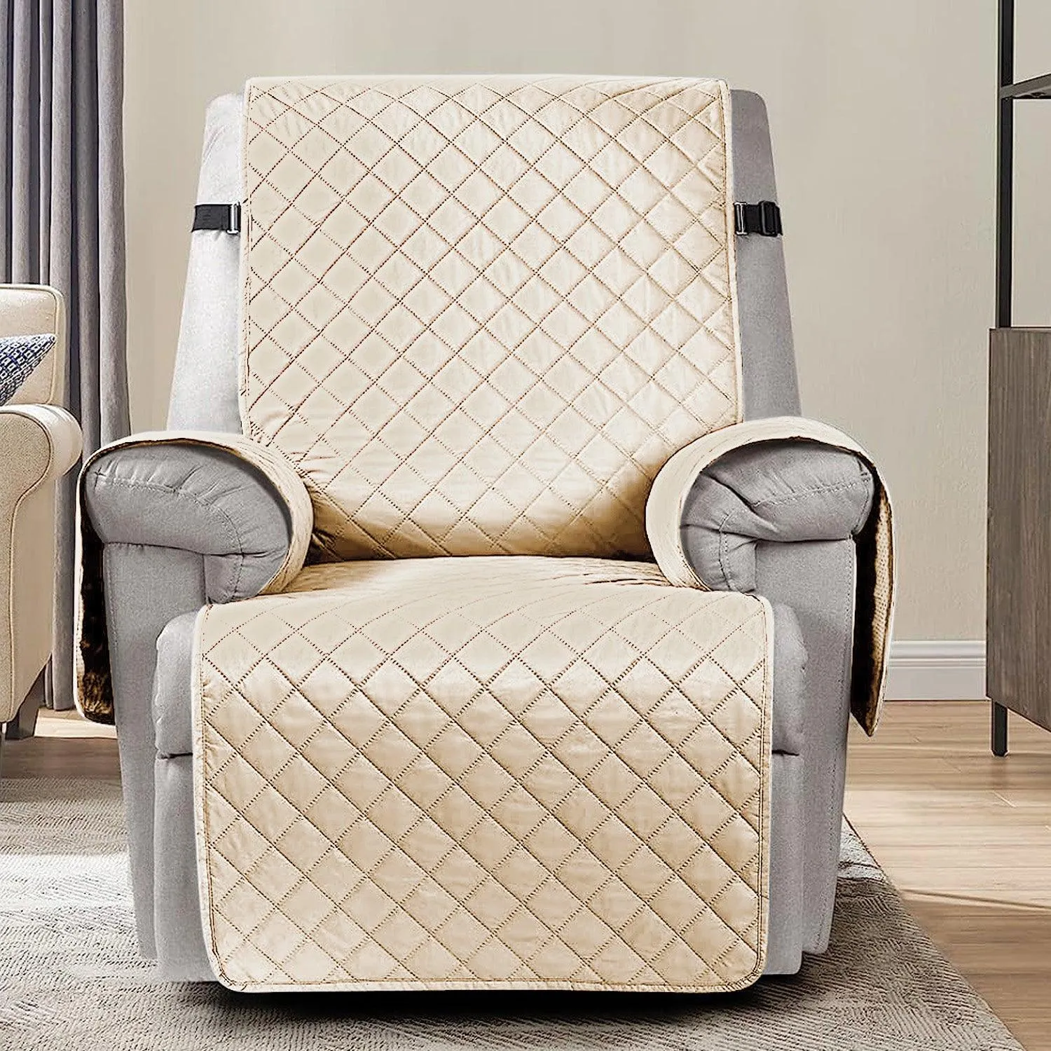 Quilted Recliner Chair Cover With Side Pockets for 1 Seater Sofa, Cream