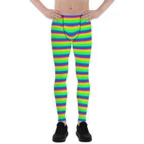 Rainbow Striped Men's Leggings, Horizontal Gay Pride Bright Meggings-Made in USA/EU