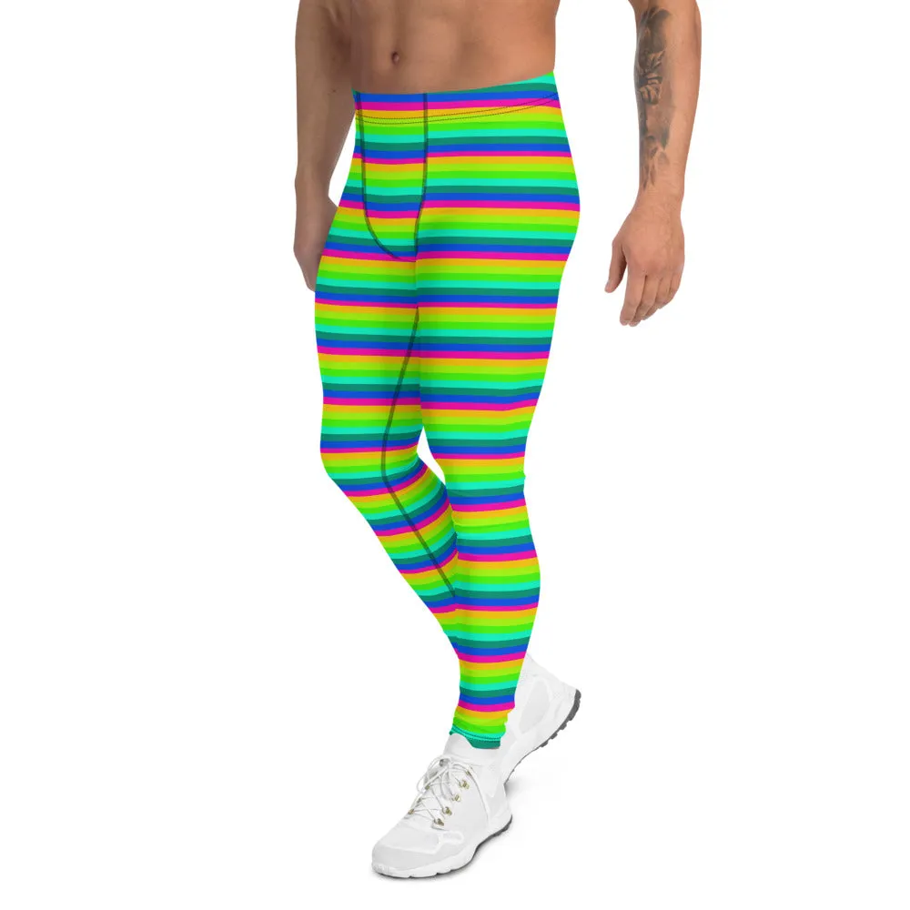 Rainbow Striped Men's Leggings, Horizontal Gay Pride Bright Meggings-Made in USA/EU