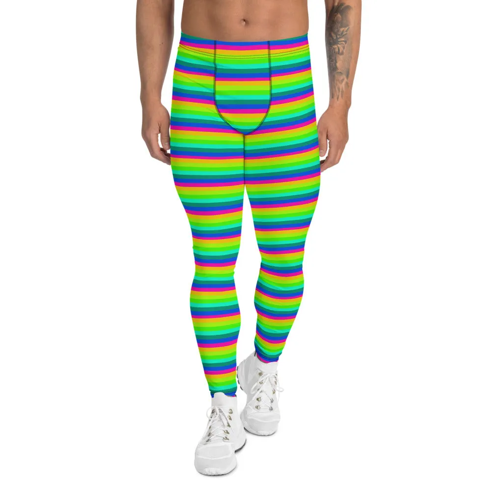 Rainbow Striped Men's Leggings, Horizontal Gay Pride Bright Meggings-Made in USA/EU