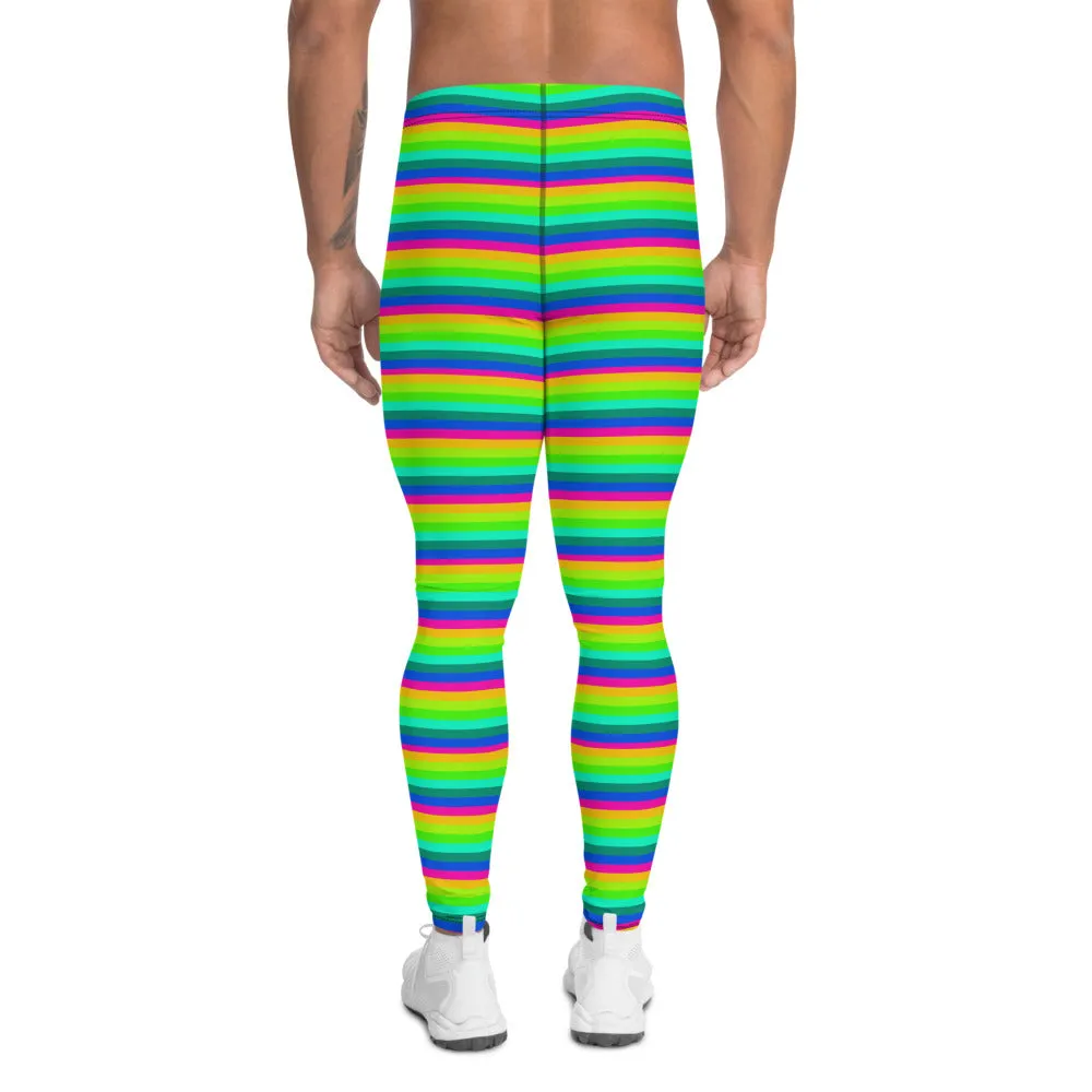 Rainbow Striped Men's Leggings, Horizontal Gay Pride Bright Meggings-Made in USA/EU