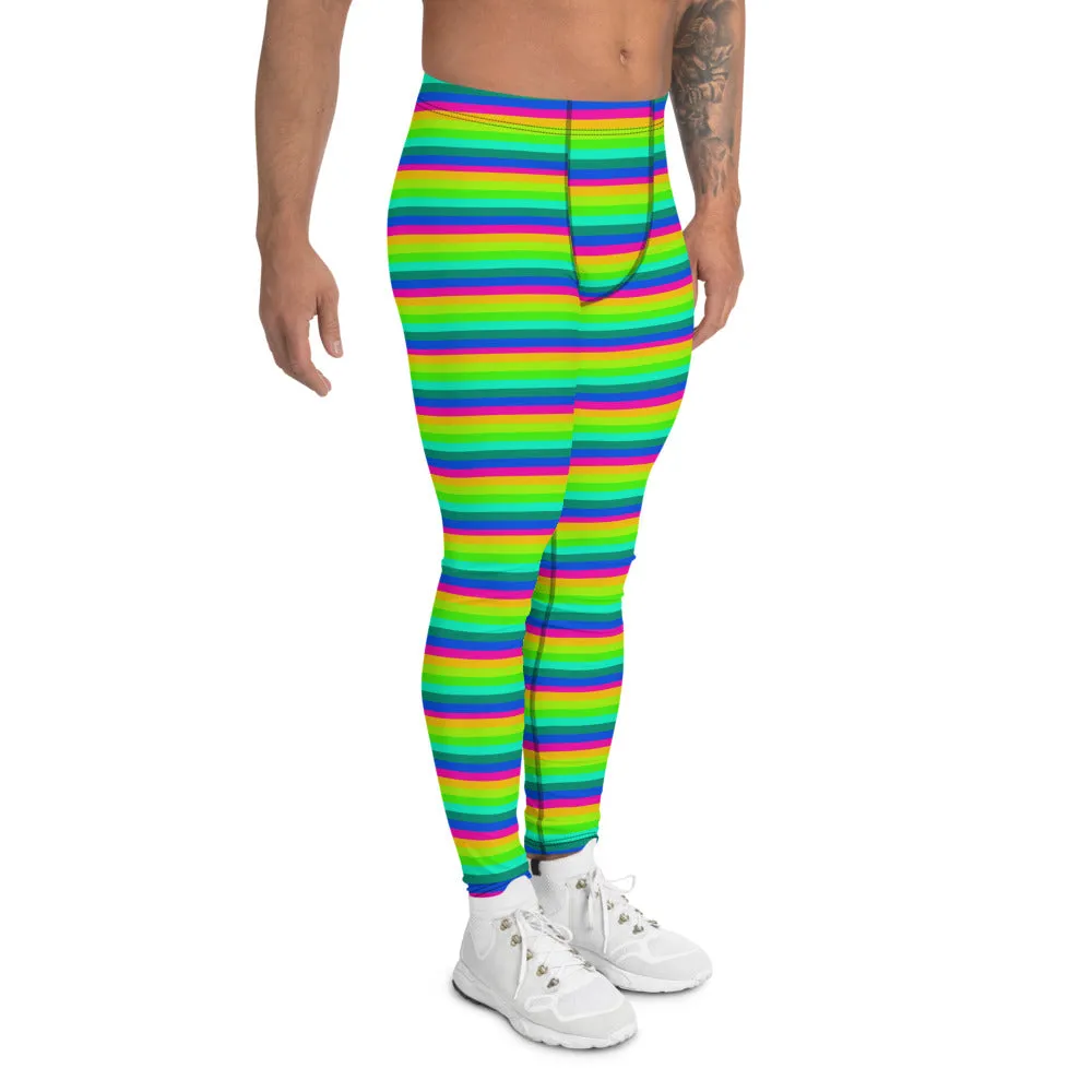 Rainbow Striped Men's Leggings, Horizontal Gay Pride Bright Meggings-Made in USA/EU