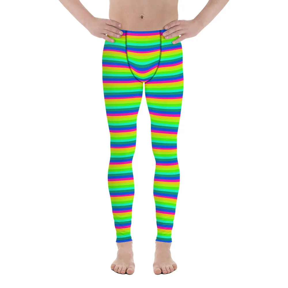 Rainbow Striped Men's Leggings, Horizontal Gay Pride Bright Meggings-Made in USA/EU