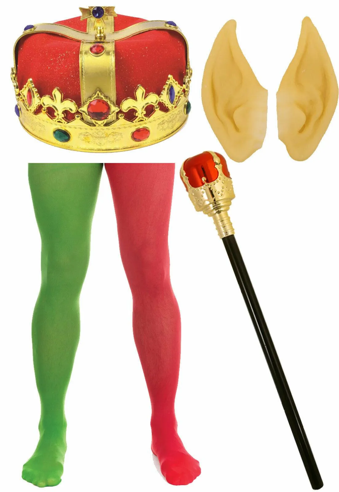 Red Velvet King Hat, Royal Sceptre, Ears, Elf Tights - Christmas Xmas Fancy Dress