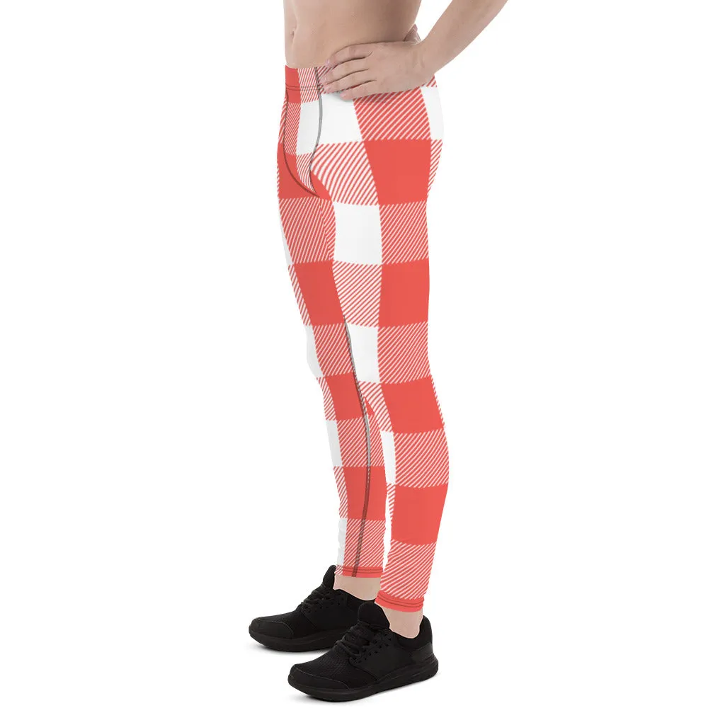 Red White Plaid Print Meggings, Best Men's Leggings Designer Running Tights- Made in USA/EU/MX