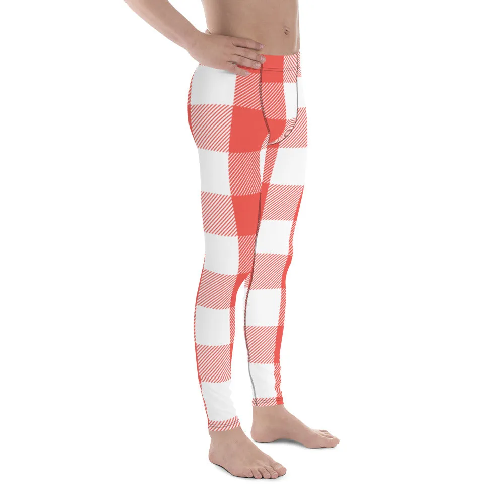 Red White Plaid Print Meggings, Best Men's Leggings Designer Running Tights- Made in USA/EU/MX