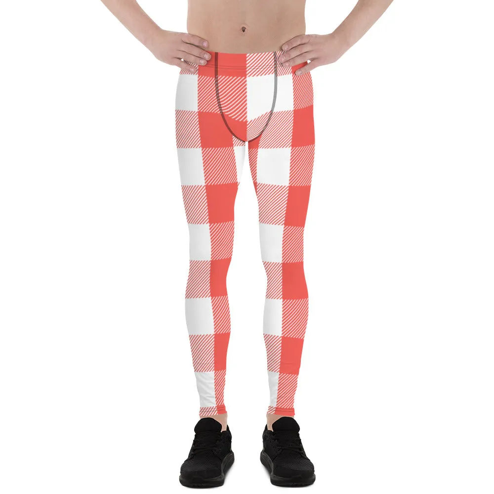 Red White Plaid Print Meggings, Best Men's Leggings Designer Running Tights- Made in USA/EU/MX