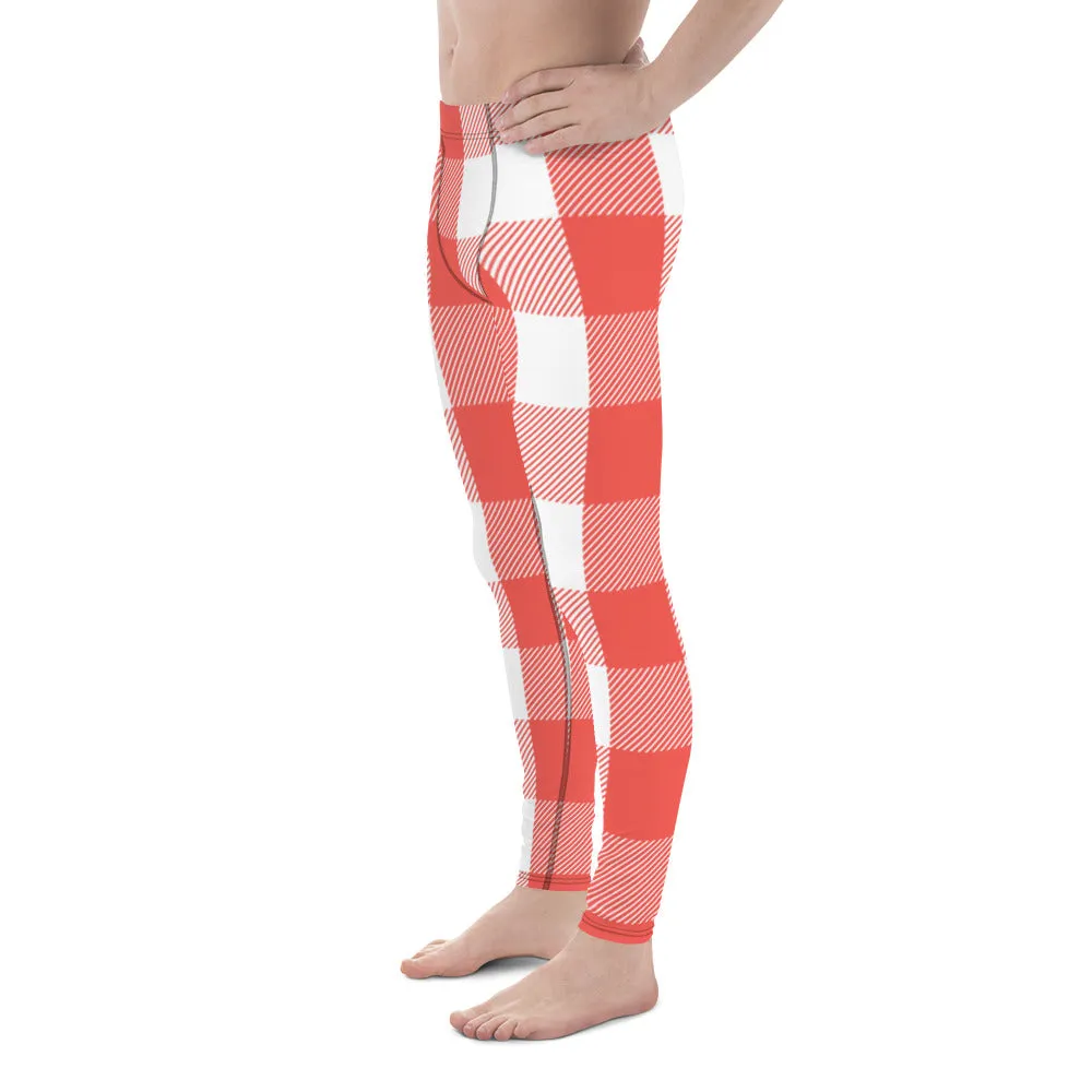 Red White Plaid Print Meggings, Best Men's Leggings Designer Running Tights- Made in USA/EU/MX