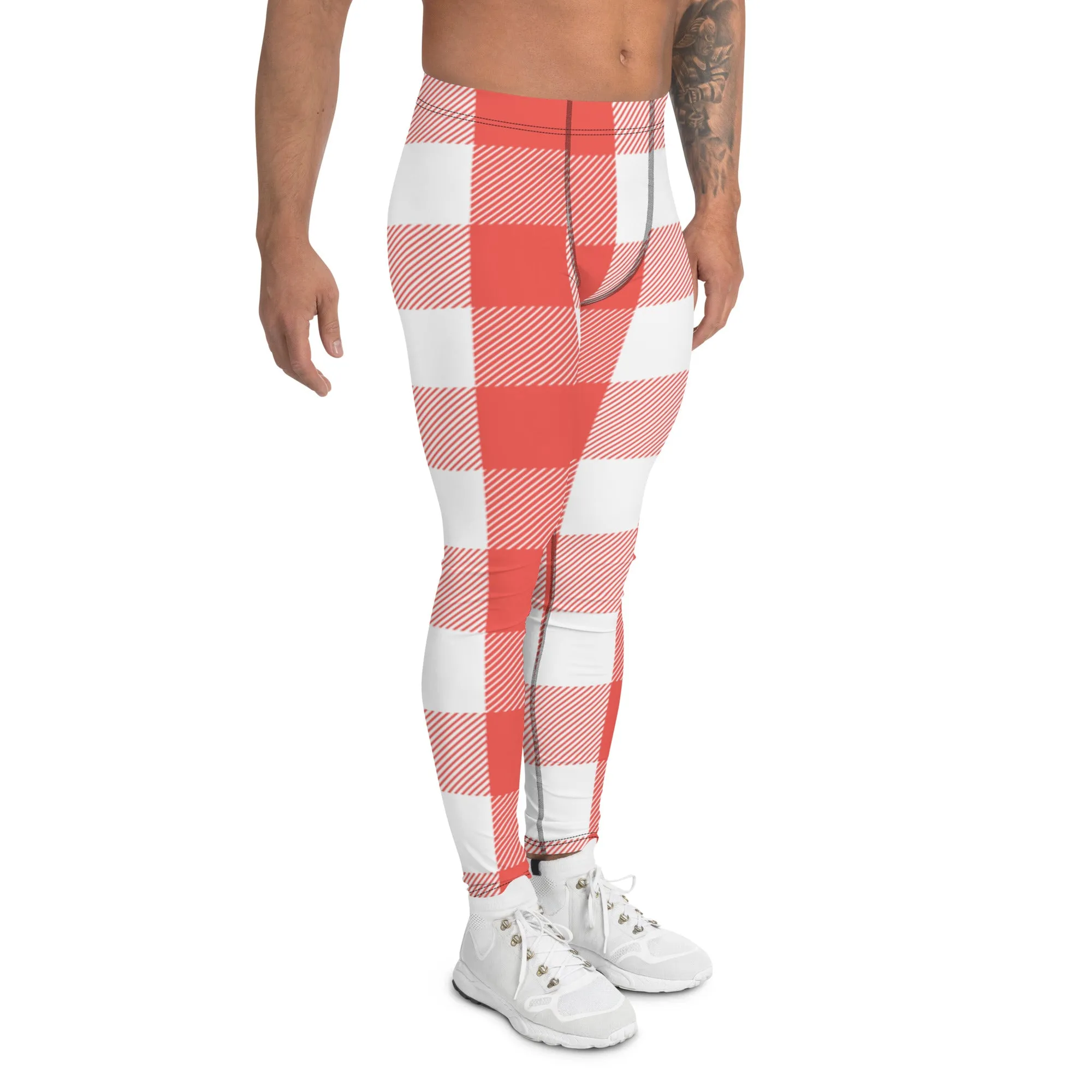 Red White Plaid Print Meggings, Best Men's Leggings Designer Running Tights- Made in USA/EU/MX