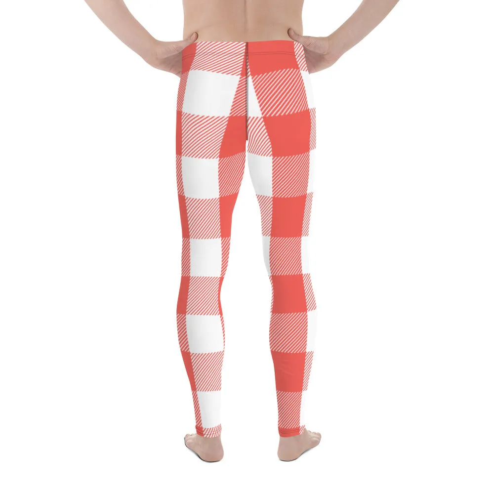 Red White Plaid Print Meggings, Best Men's Leggings Designer Running Tights- Made in USA/EU/MX