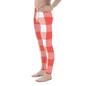 Red White Plaid Print Meggings, Best Men's Leggings Designer Running Tights- Made in USA/EU/MX