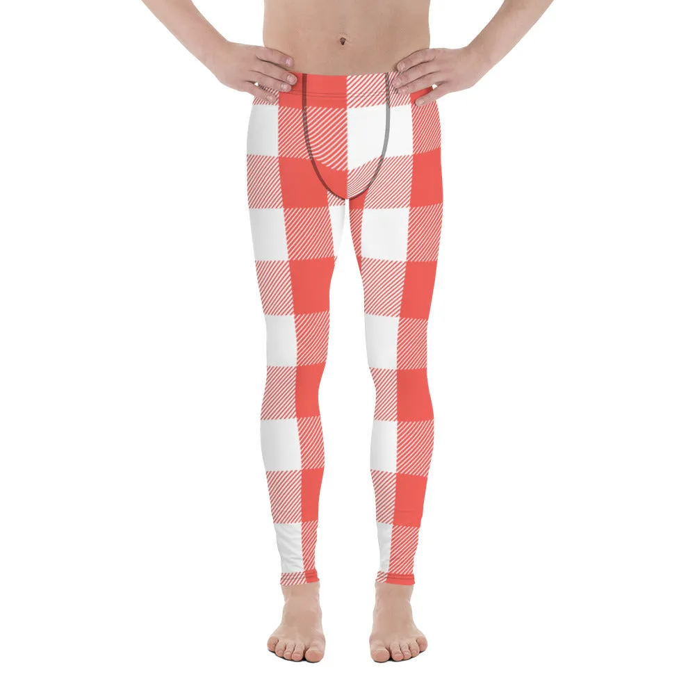 Red White Plaid Print Meggings, Best Men's Leggings Designer Running Tights- Made in USA/EU/MX