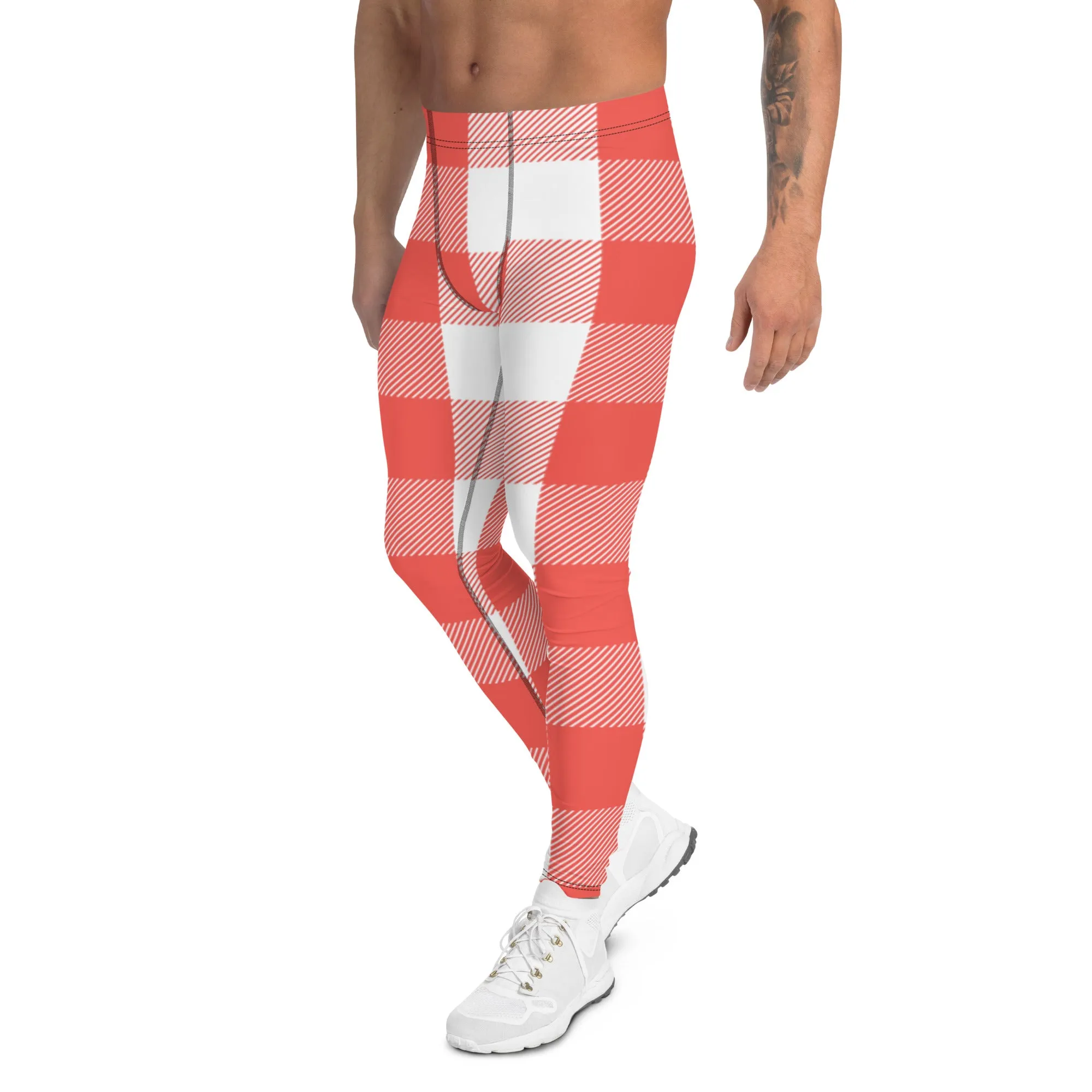 Red White Plaid Print Meggings, Best Men's Leggings Designer Running Tights- Made in USA/EU/MX