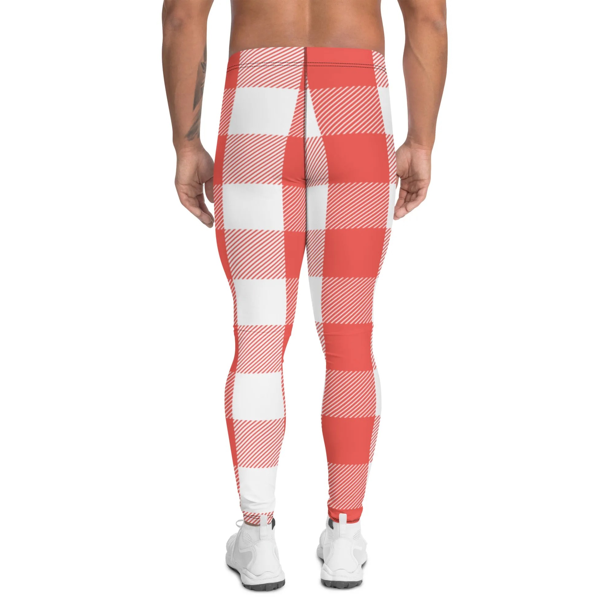 Red White Plaid Print Meggings, Best Men's Leggings Designer Running Tights- Made in USA/EU/MX