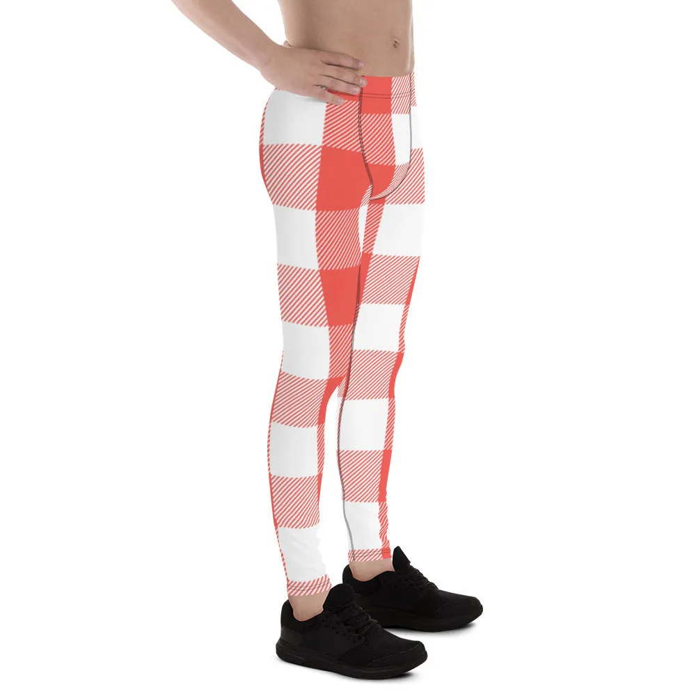 Red White Plaid Print Meggings, Best Men's Leggings Designer Running Tights- Made in USA/EU/MX