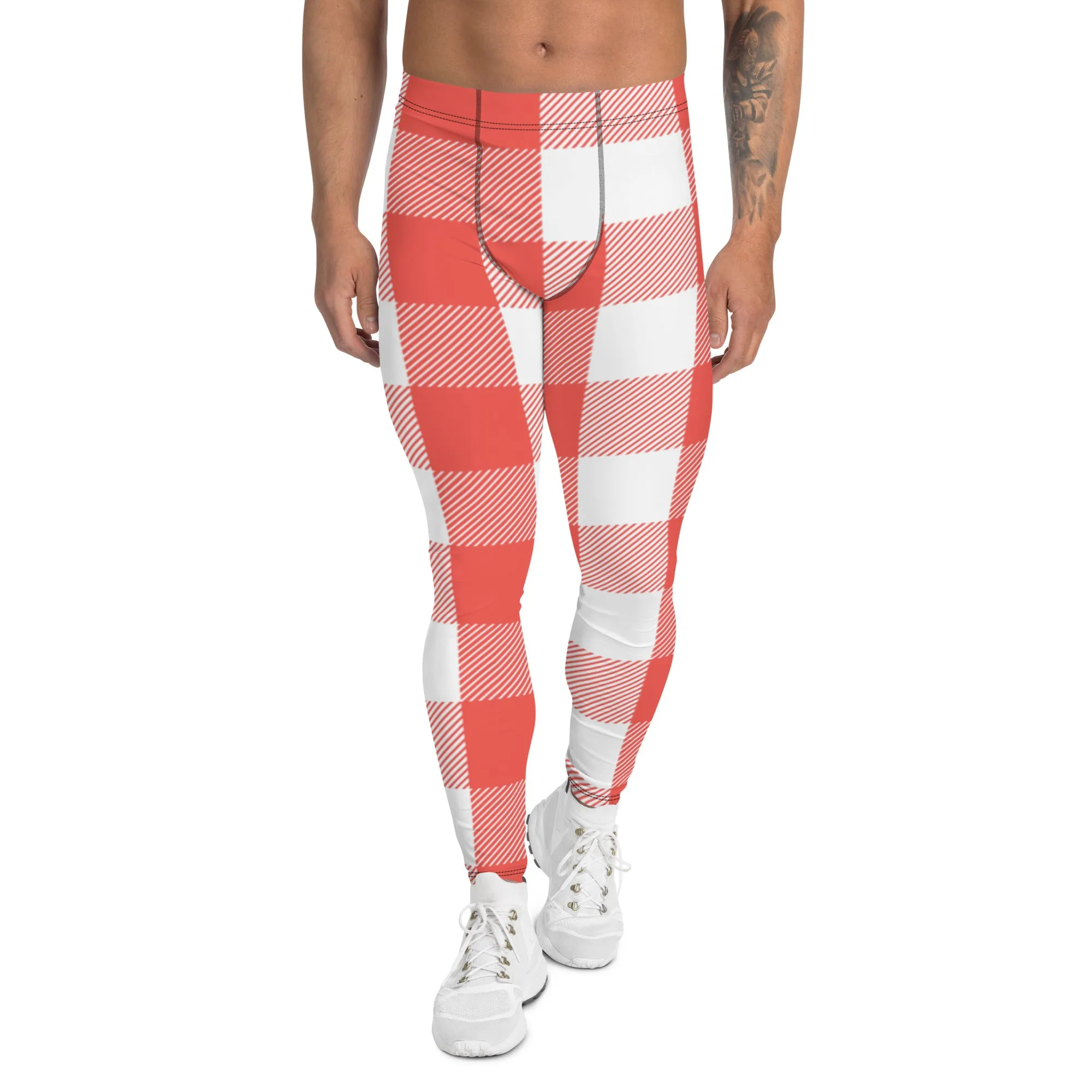 Red White Plaid Print Meggings, Best Men's Leggings Designer Running Tights- Made in USA/EU/MX