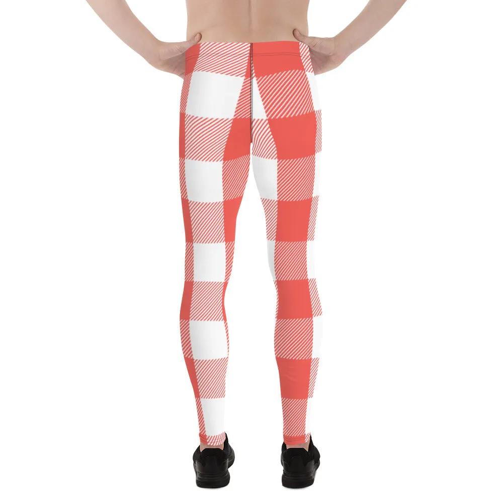 Red White Plaid Print Meggings, Best Men's Leggings Designer Running Tights- Made in USA/EU/MX