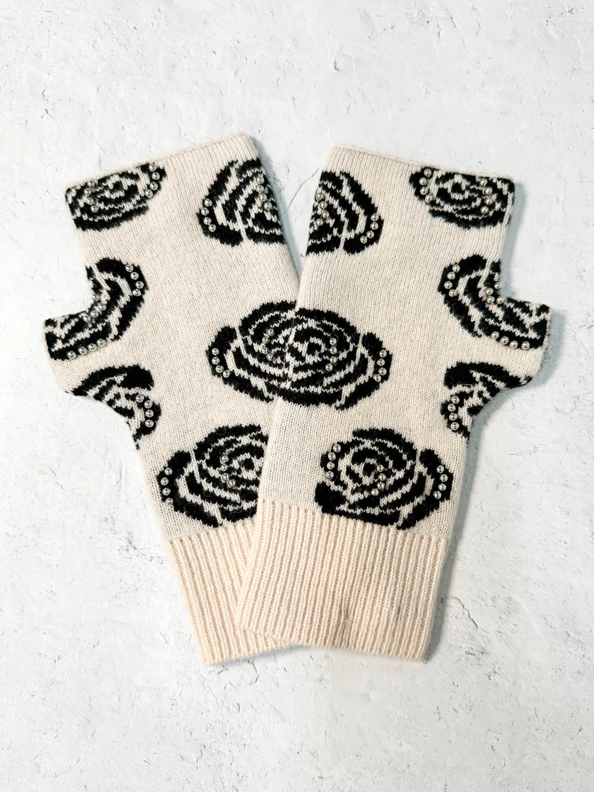 Rose Pattern Studded Fingerless Mittens, Ivory