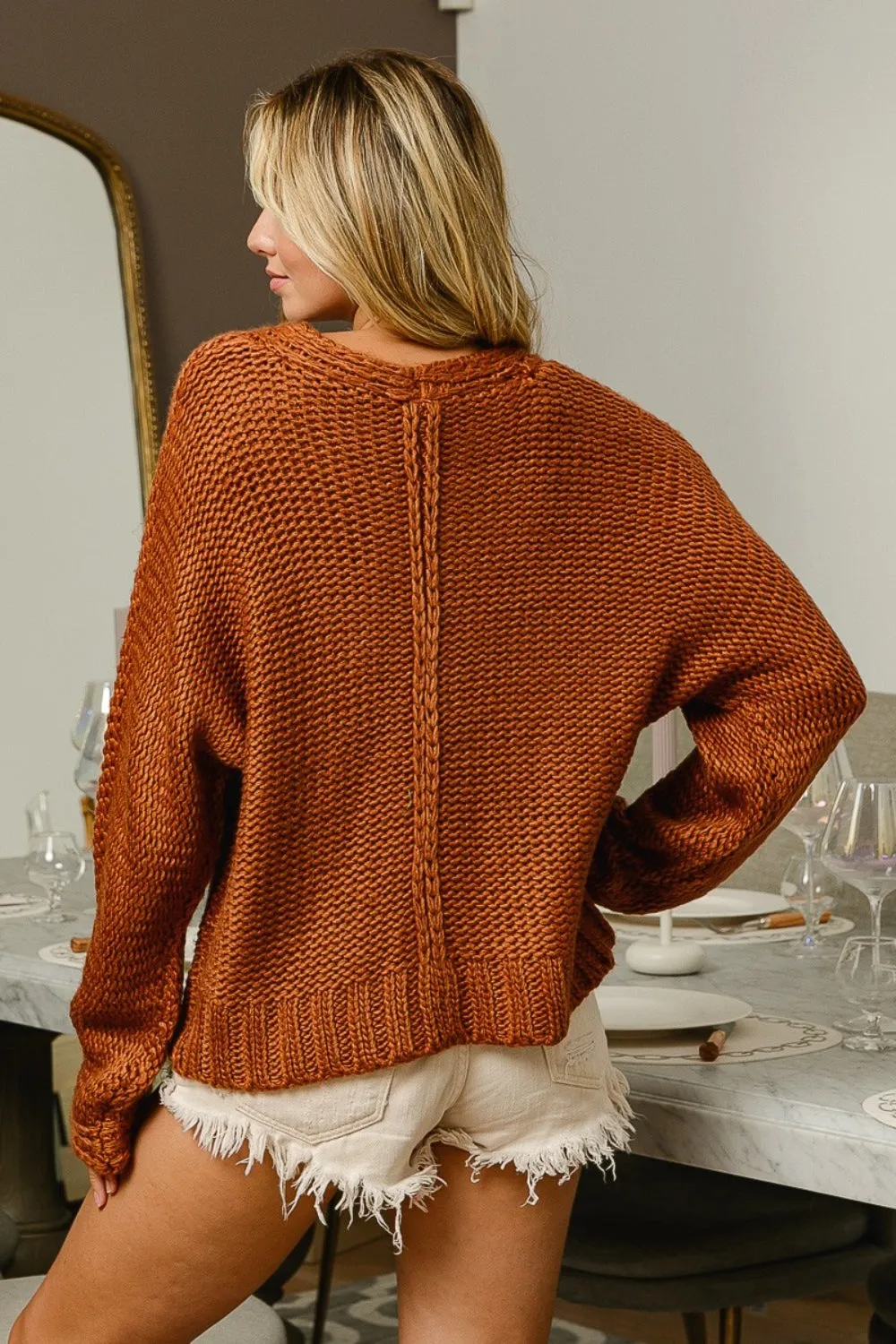 Saffron V-Neck Cable Knit Sweater