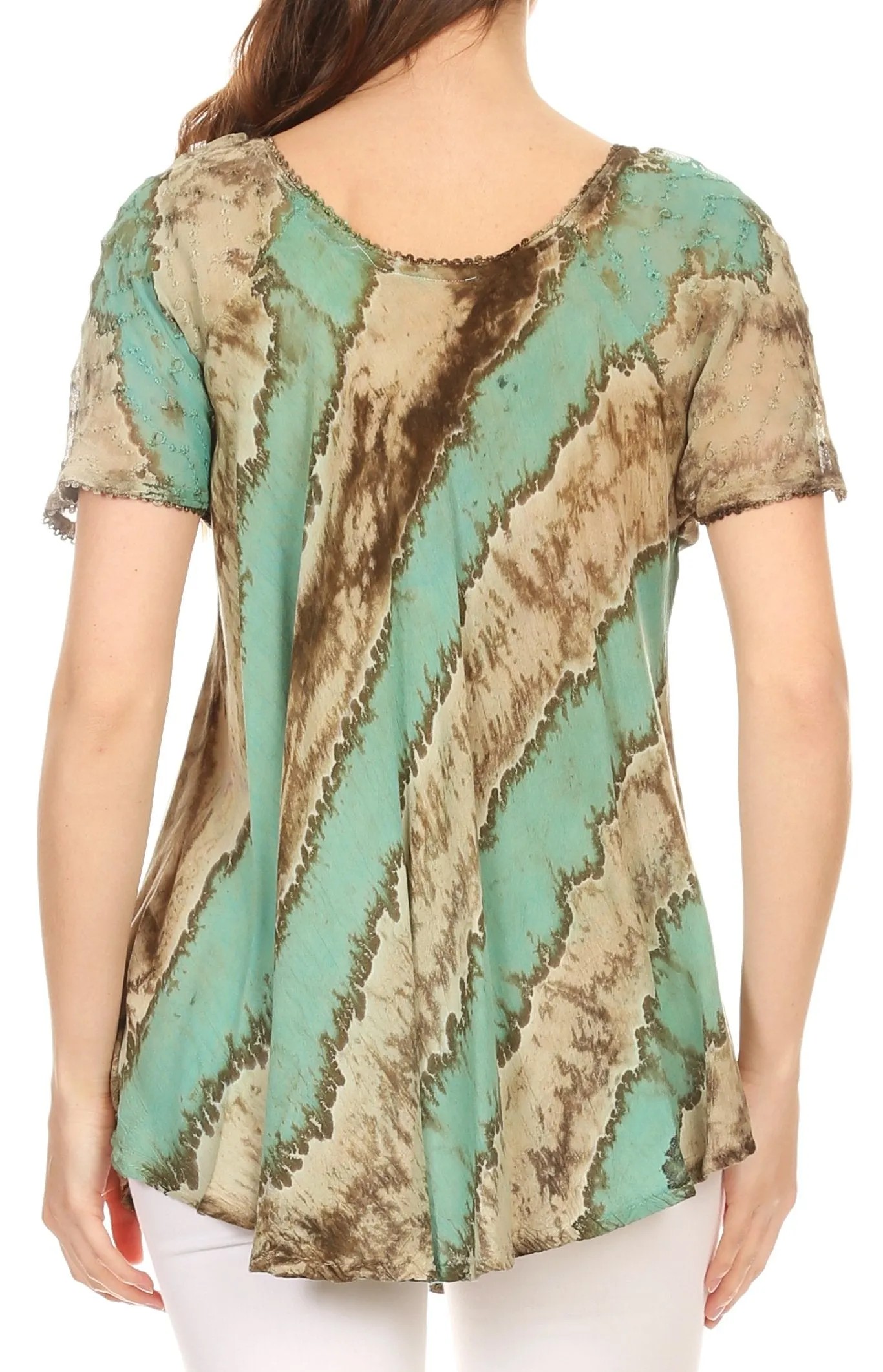 Sakkas Valencia Tie Dye Sheer Cap Sleeve Embellished Drawstring Scoop Neck Top