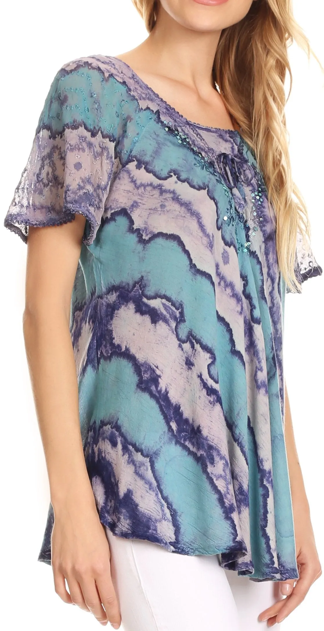 Sakkas Valencia Tie Dye Sheer Cap Sleeve Embellished Drawstring Scoop Neck Top