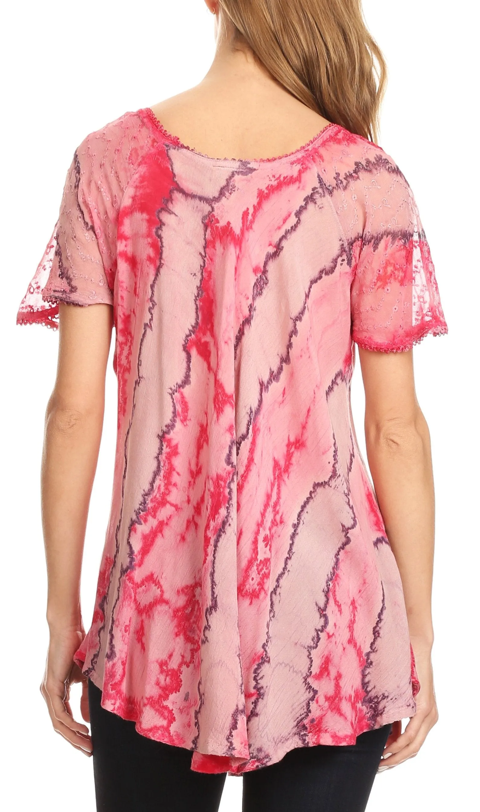 Sakkas Valencia Tie Dye Sheer Cap Sleeve Embellished Drawstring Scoop Neck Top