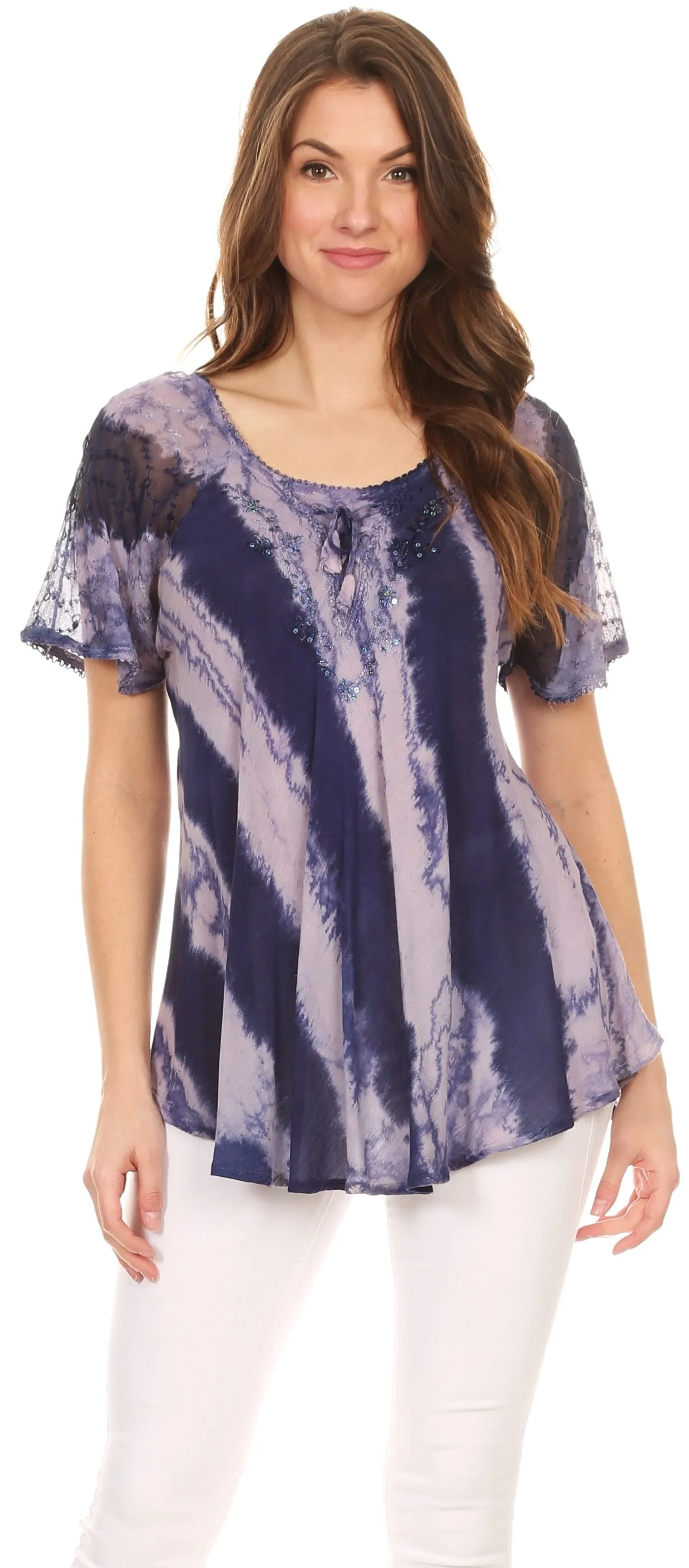 Sakkas Valencia Tie Dye Sheer Cap Sleeve Embellished Drawstring Scoop Neck Top