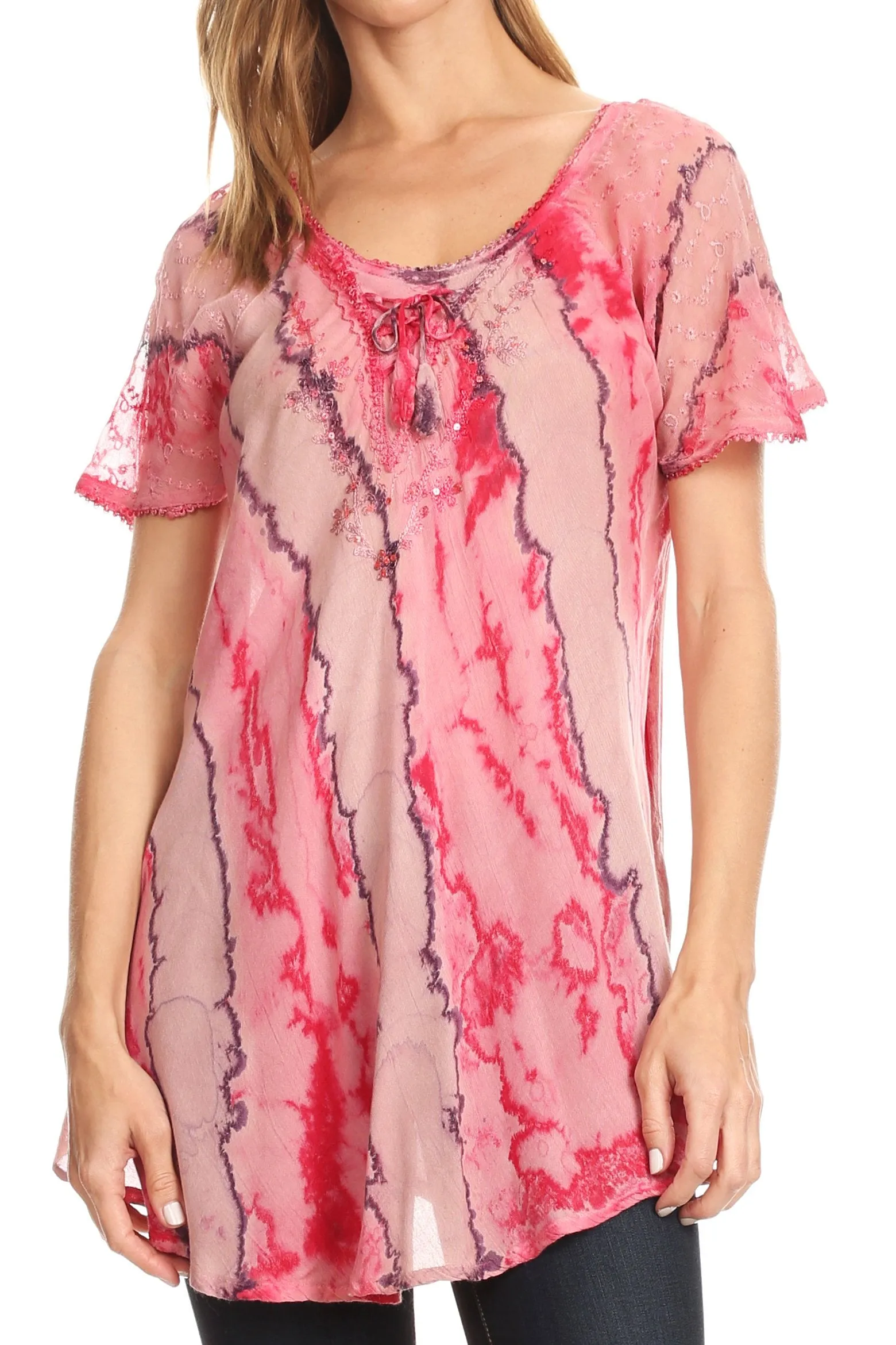 Sakkas Valencia Tie Dye Sheer Cap Sleeve Embellished Drawstring Scoop Neck Top