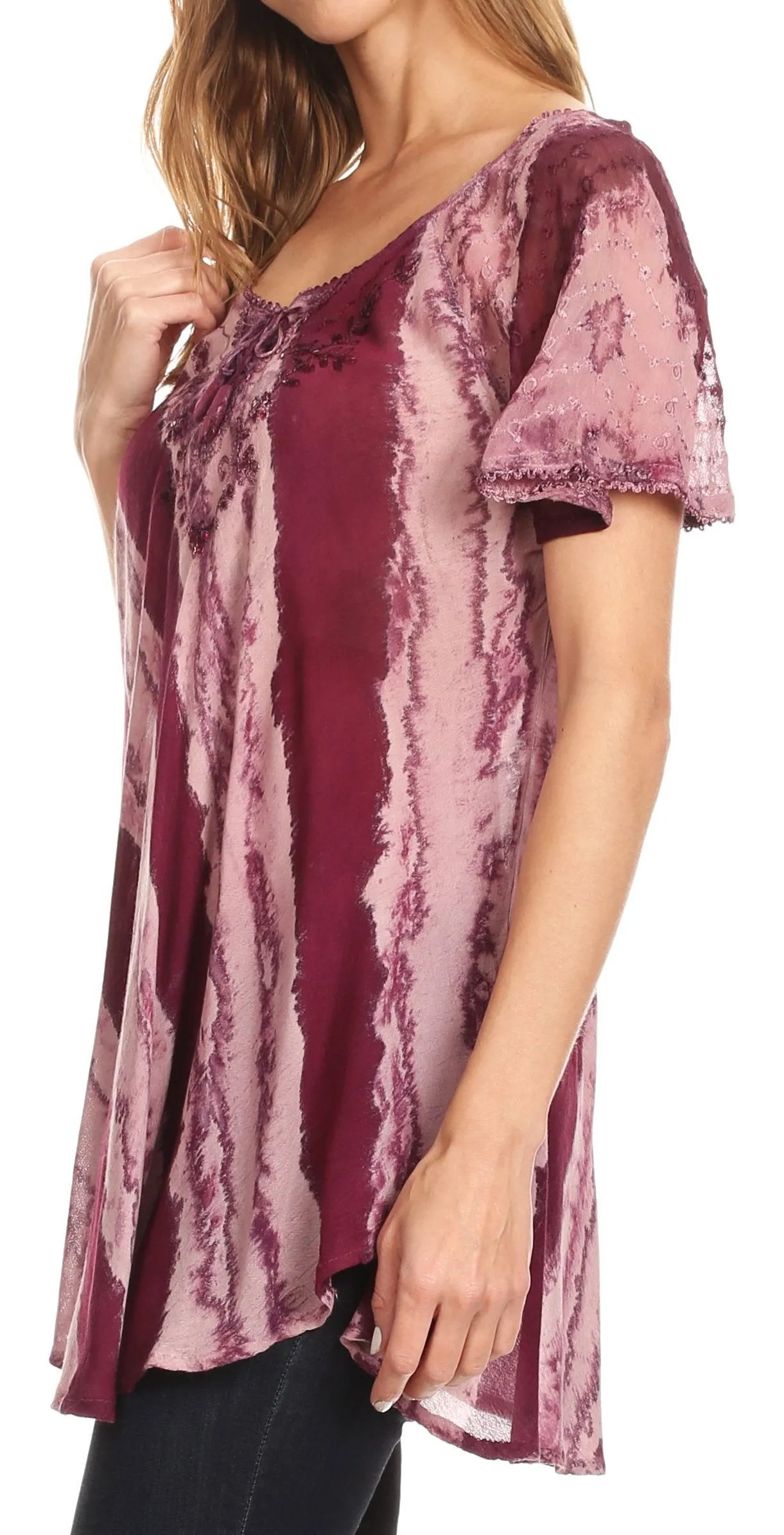 Sakkas Valencia Tie Dye Sheer Cap Sleeve Embellished Drawstring Scoop Neck Top