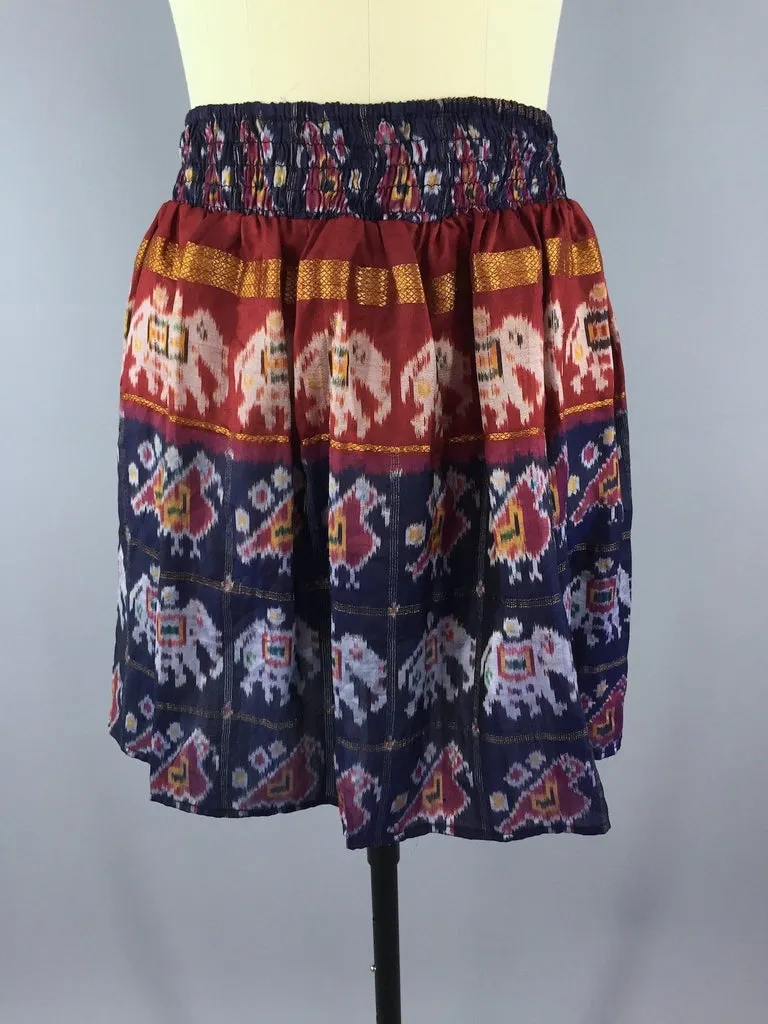 Silk Skirt - Vintage Indian Sari - Blue Elephant Print - Size Large to XL