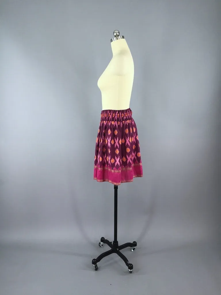 Silk Skirt / Vintage Indian Sari / Bohemian Pink IKAT Print - Size Large to XL