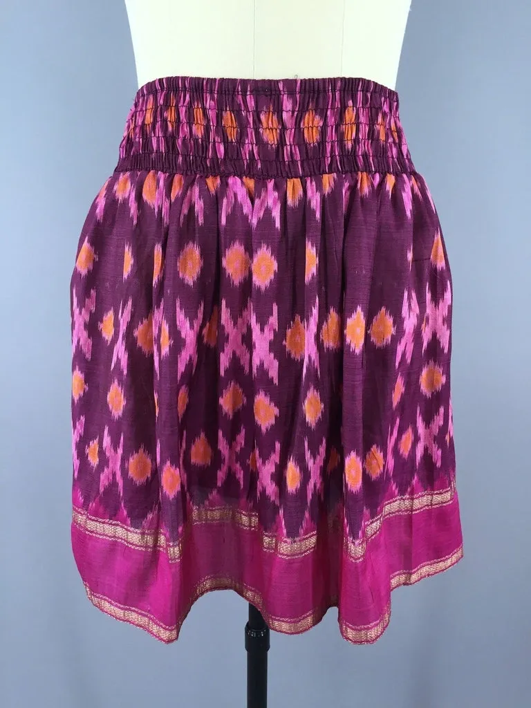 Silk Skirt / Vintage Indian Sari / Bohemian Pink IKAT Print - Size Large to XL