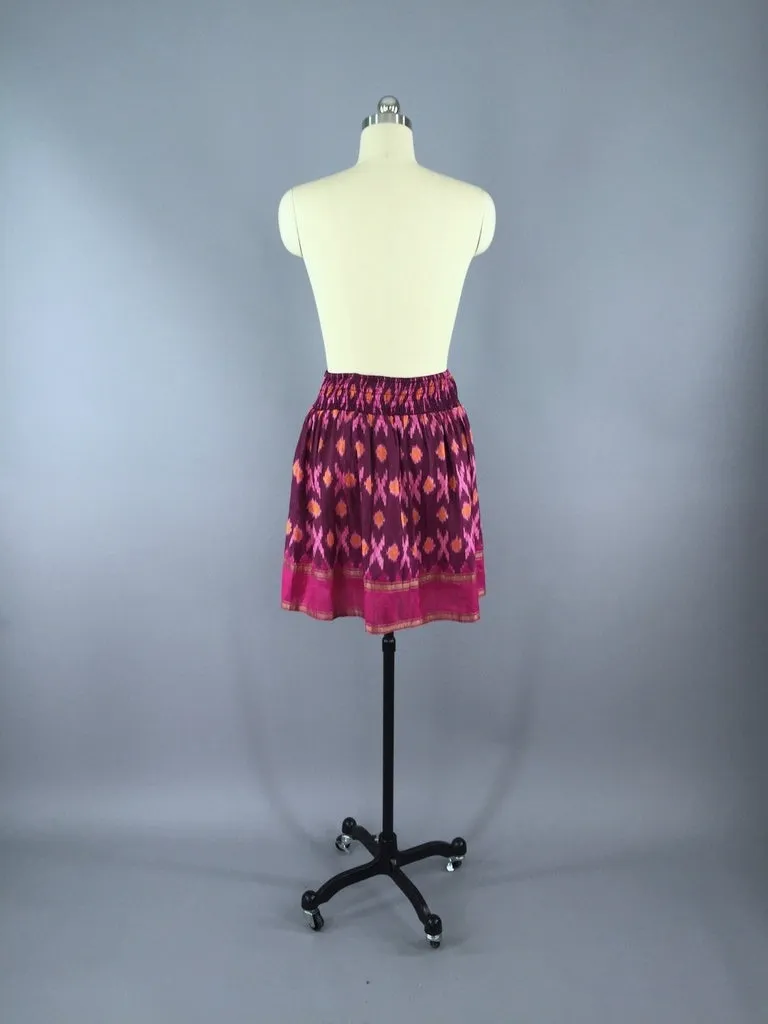 Silk Skirt / Vintage Indian Sari / Bohemian Pink IKAT Print - Size Large to XL