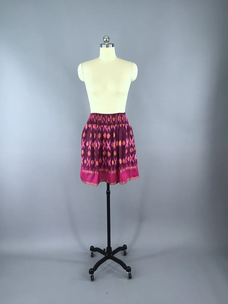 Silk Skirt / Vintage Indian Sari / Bohemian Pink IKAT Print - Size Large to XL