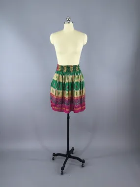 Silk Skirt / Vintage Indian Sari / Green Yellow IKAT Print - Size Large to XL