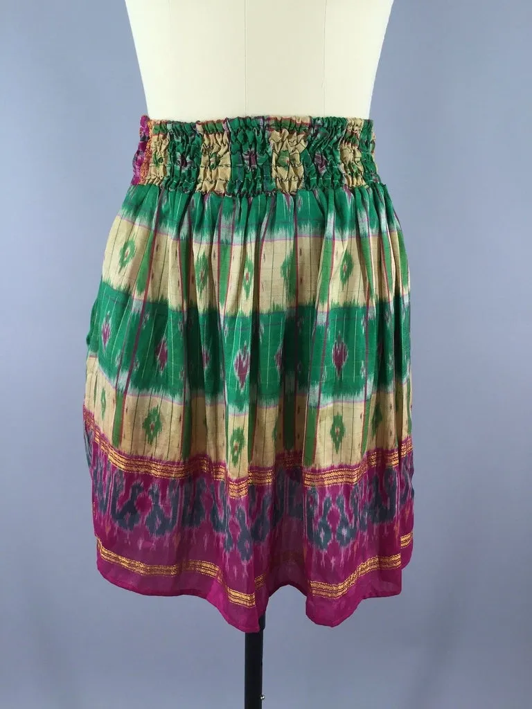 Silk Skirt / Vintage Indian Sari / Green Yellow IKAT Print - Size Large to XL