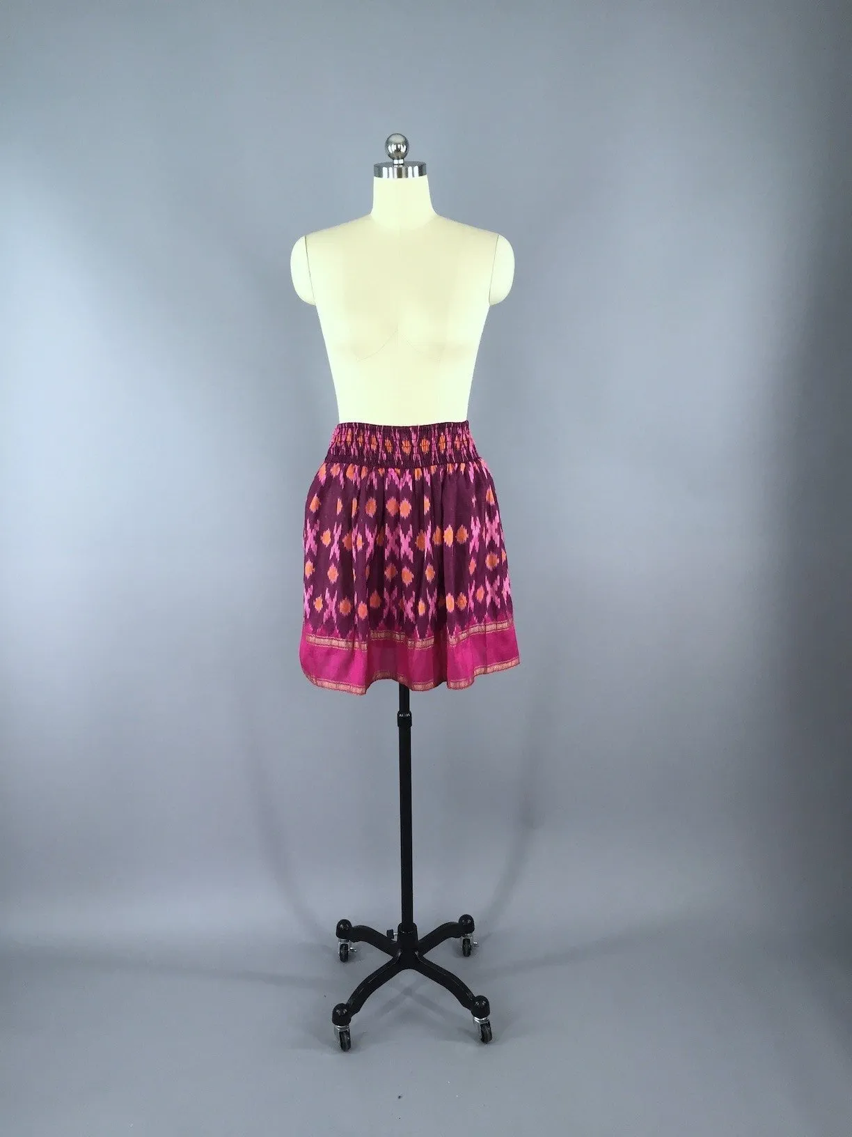 Silk Skirt / Vintage Indian Sari / Pink IKAT Print - Size Small to Medium