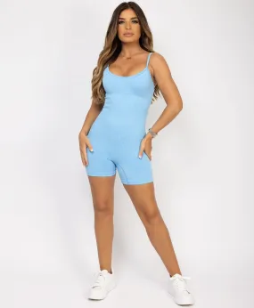 Sky Blue Sculpting Ribbed Waist Structured Unitard Playsuit