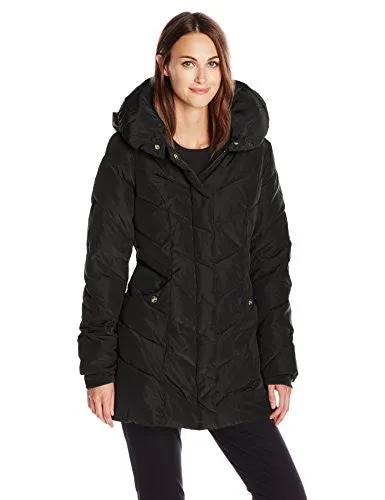 Steve Madden Women's Chevron Packable Puffer Jacket with Hood, Black, Small