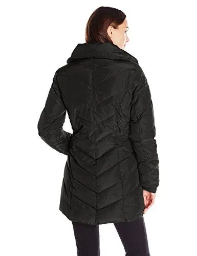 Steve Madden Women's Chevron Packable Puffer Jacket with Hood, Black, Small