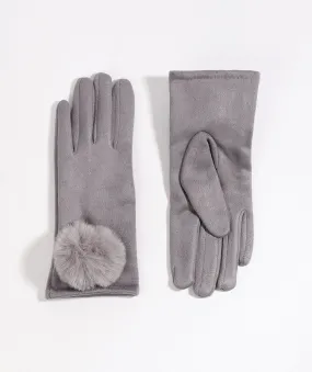 Stone Grey Faux Suede Pom Pom Gloves