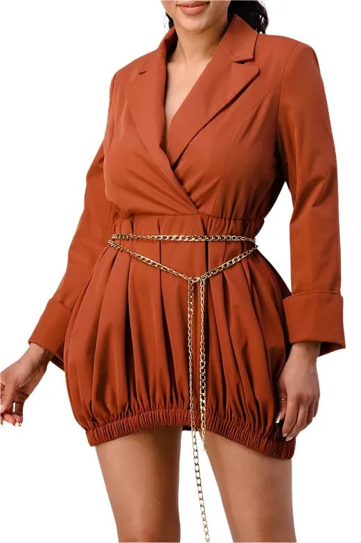 TEEK - Terracotta Trench Dress with Gold Chain Belt