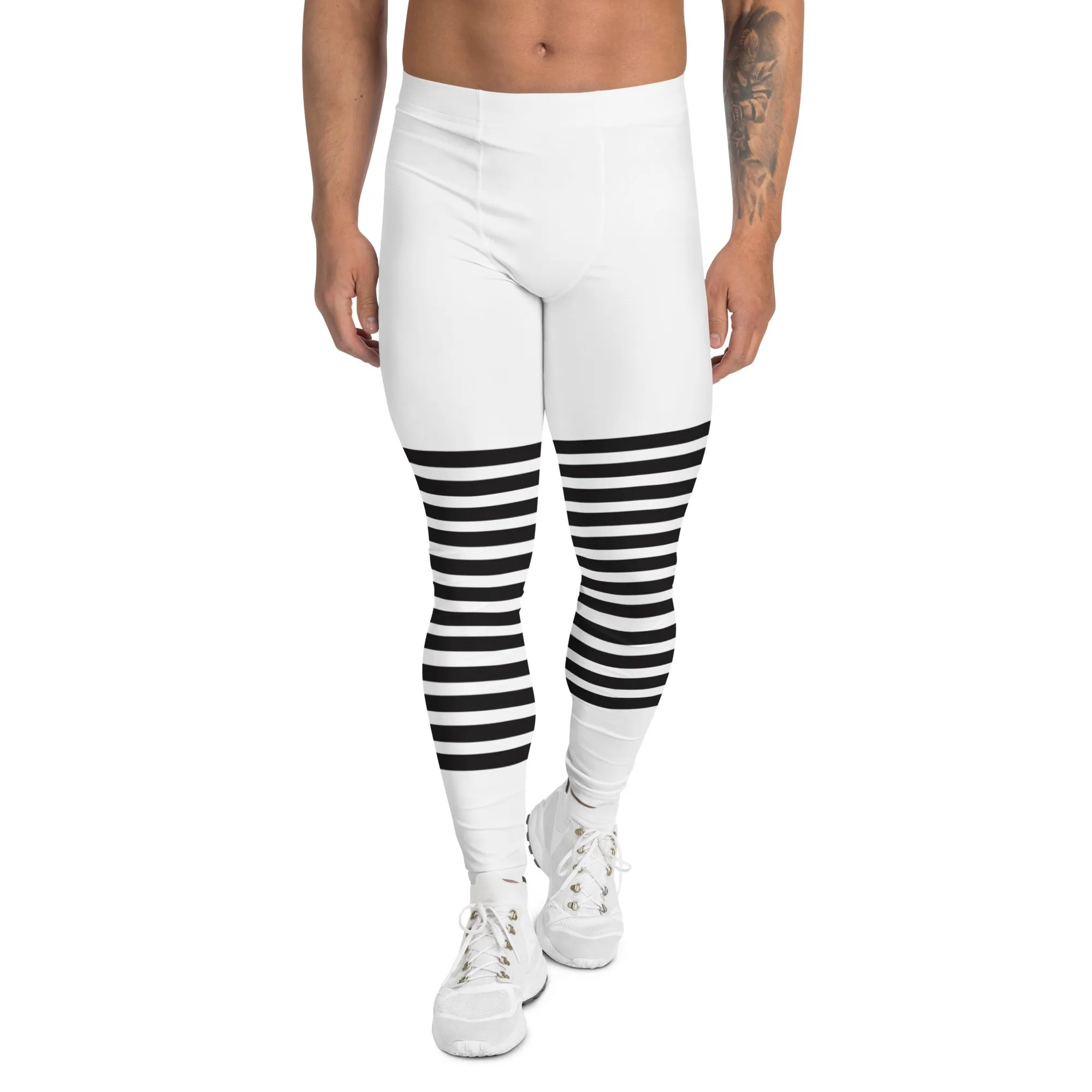 White Black Horizontal Striped Meggings, Best Horizontally Striped Men's Leggings For Men - Made in USA/EU/MX