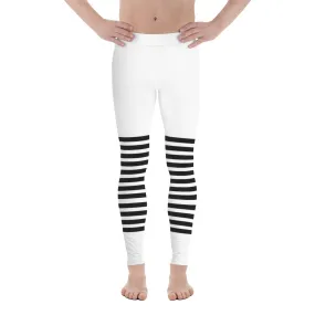 White Black Horizontal Striped Meggings, Best Horizontally Striped Men's Leggings For Men - Made in USA/EU/MX